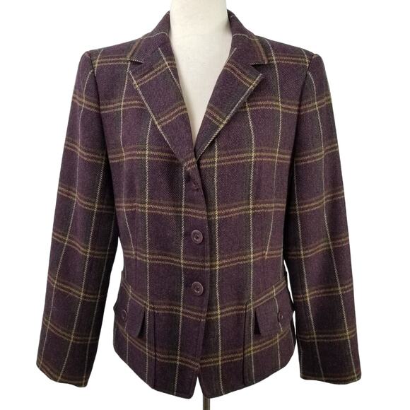 Talbots Petites Purple Green Yellow Plaid Vintage Wool Blazer Jacket Lined 14 P - Picture 1 of 6